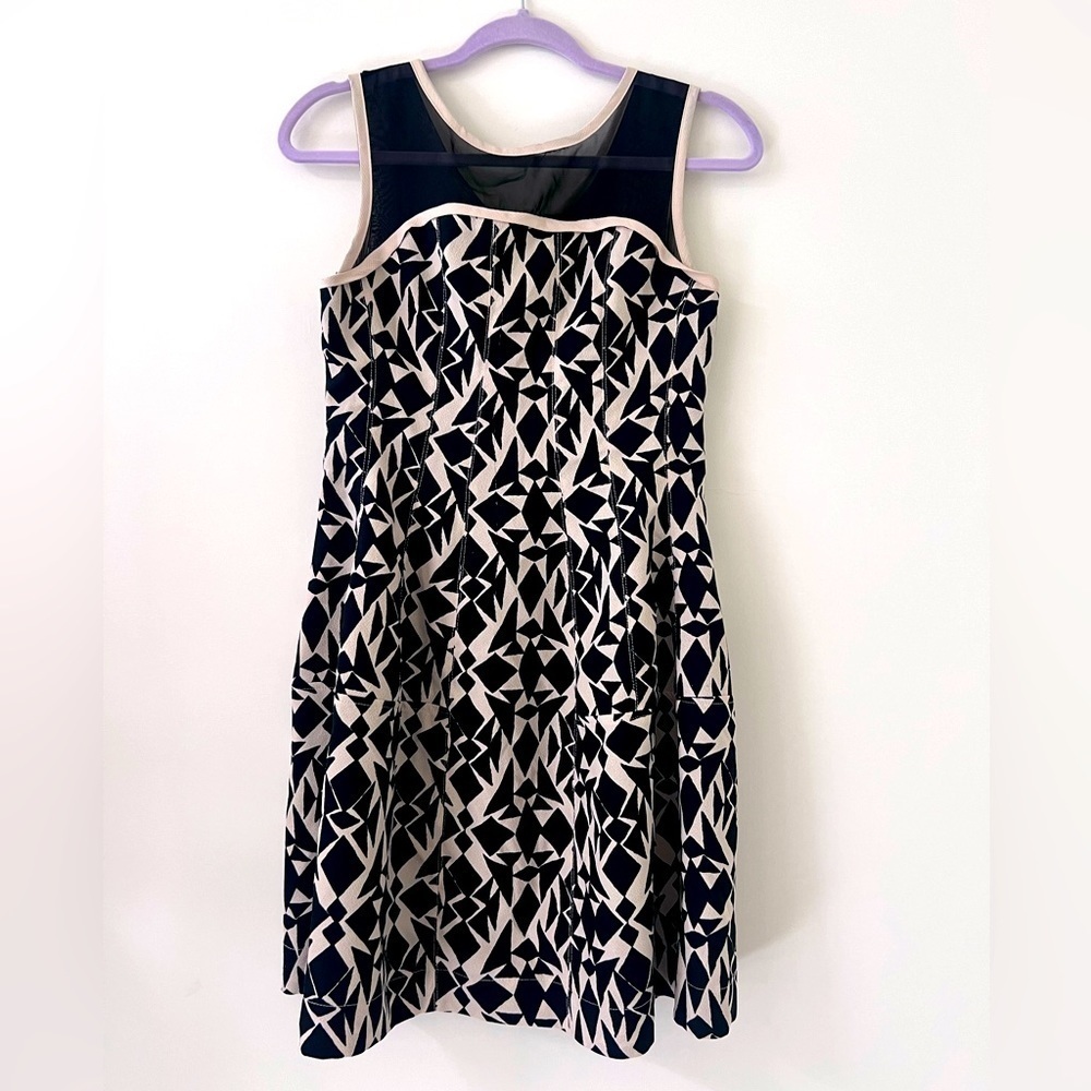 Esley Black Beige Short Sleeveless Dress With Back Zipper Mesh Shoulder Detail S